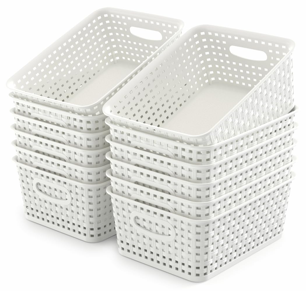 WYT 6-Pack Plastic Small Shelf Storage Weave Baskets Organizing for Cabinets and Pantries, Deep Purple