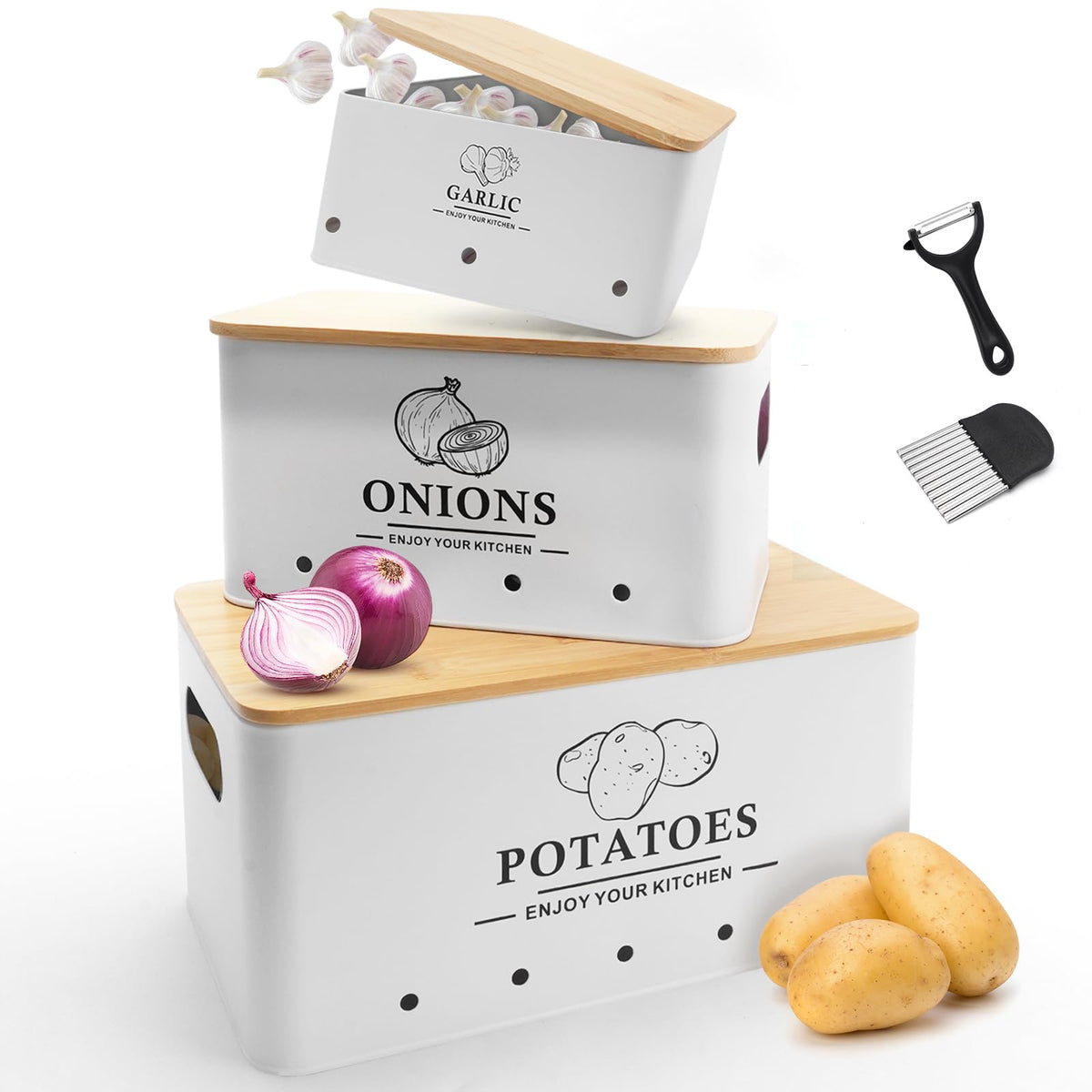 Kitchen Vegetable Storage Set of 3, Metal Onion Garlic Potato Storage Set, Kitchen Canisters Vegetable Keeper Containers with Aerating Holes and Bamboo Lid,Black