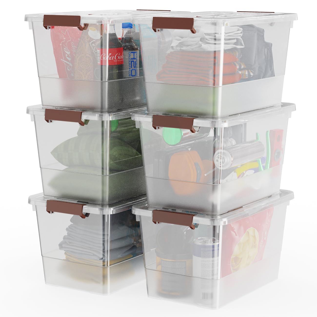 WYT 6-Pack Clear 7 Quart Storage Latch Box/Bins, Plastic Stackable Latching Box with Brown Handle and Lid, Multi-Purpose, 7 Litre
