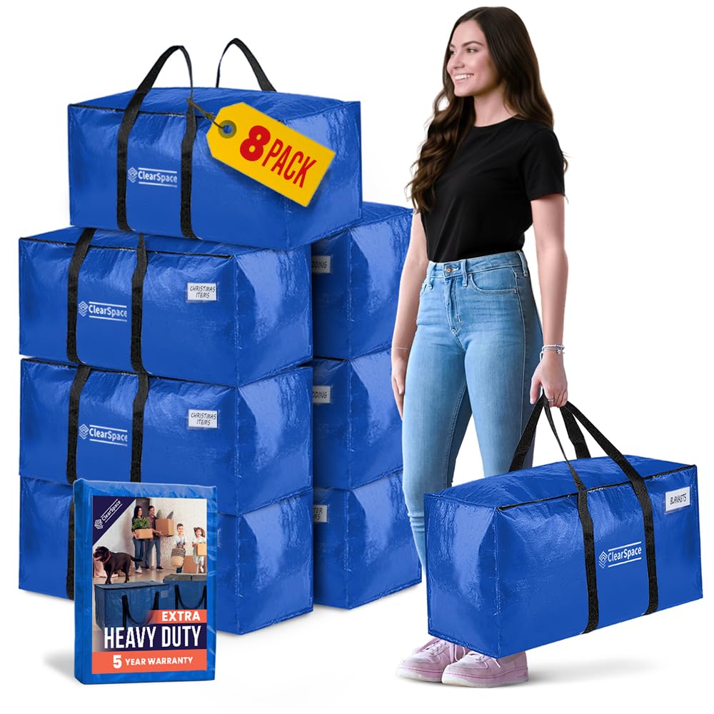 ClearSpace Heavy Duty Moving Bags - Water Resistant Storage Bags with Backpack Straps, Zippers and Handles - Large Moving Boxes for College Dorm, Travel, Closet Organization - 6 Pack, Clear