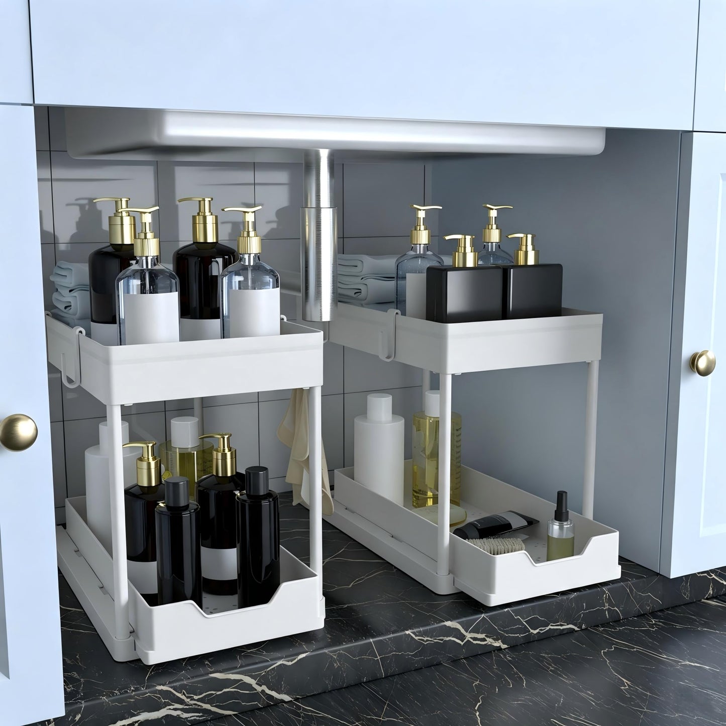 DEKAVA Under Sink Organizer 2 Pack, Bathroom Cabinet Organizer, 2 Tier Sliding Cabinet Basket Organizer Drawer, Multi-Purpose Bath Collection Baskets for Bathroom (Black)