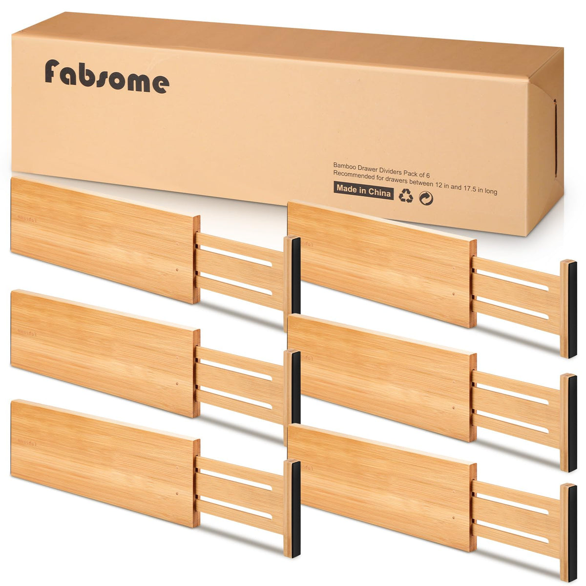 Fabsome Dresser Drawer Organizers 6 Pack, 4.65'' High Adjustable from 12.5-17‘’ Bamboo Drawer Dividers for Clothing Baby Clothes, Wooden Separators for Dresser Nursery Organization with Soft Foam Ends