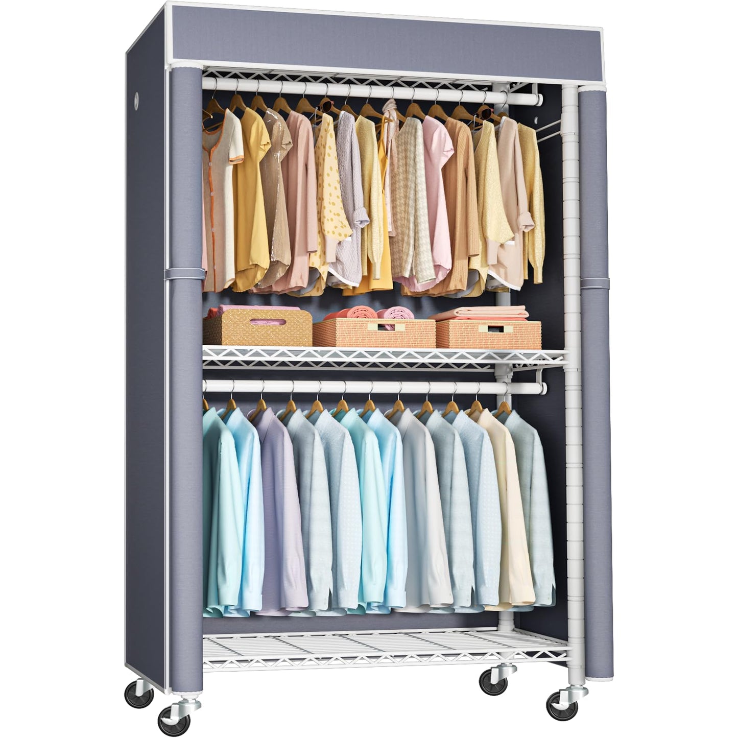 FUTASSI Clothing Rack with Cover, P1C Rolling Closets with Wheels