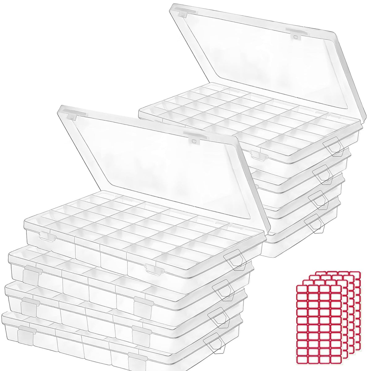 Budreu 4pack 36 Grids Plastic Clear Organizer Box Bead Storage Containers with Adjustable Dividers for Craft Jewelry Fishing Tackles Parts Storage with 4 Sheets Label Stickers