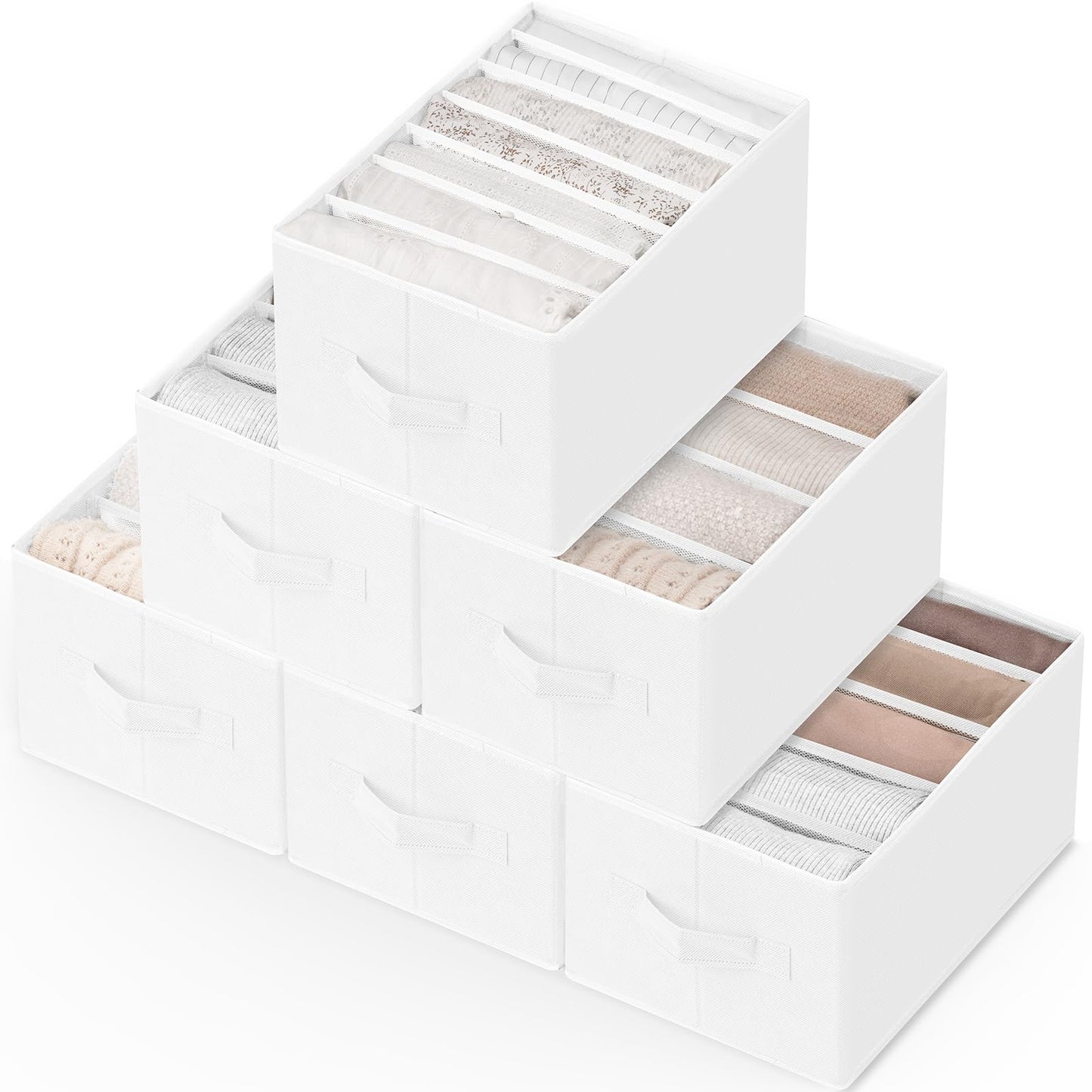 Criusia 6 Pack Large Clothes Organizer, Wardrobe Closet Organizer and Storage with Handles, Foldable Fabric Closet Organizers Dividers for Clothing, Pants, Jeans, Sweater, T-shirts, White
