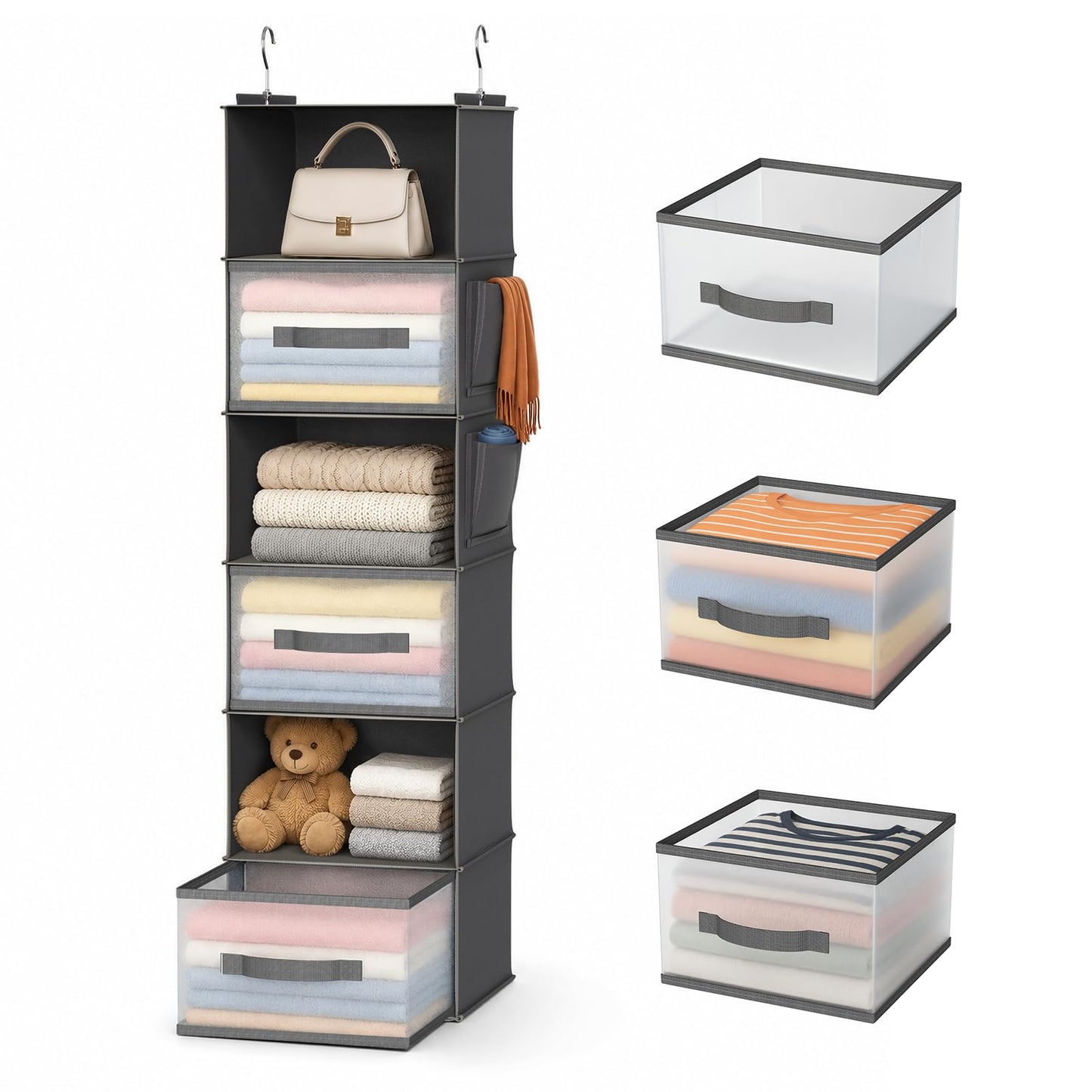 6-Shelf Hanging Closet Organizer with 3 Drawers & Side Pockets, Gray