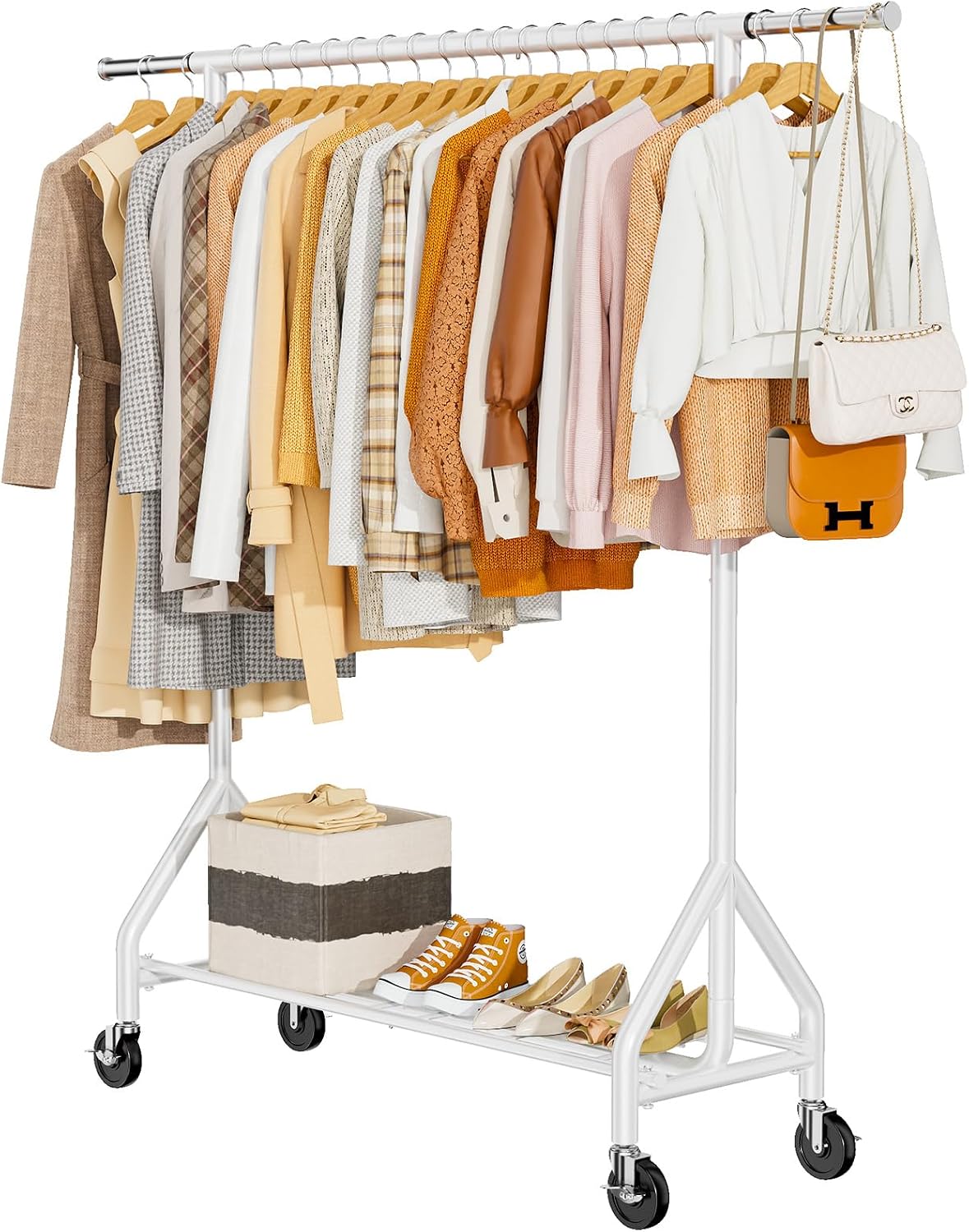 HYSEYY Heavy Duty Clothes Rack Load 450 LBS, Metal Garment Rack, Standing Rolling Clothing Rack for Hanging Clothes with Sturdy Wheels & Shelves, Portable Closet Wardrobe Rack,Sliver