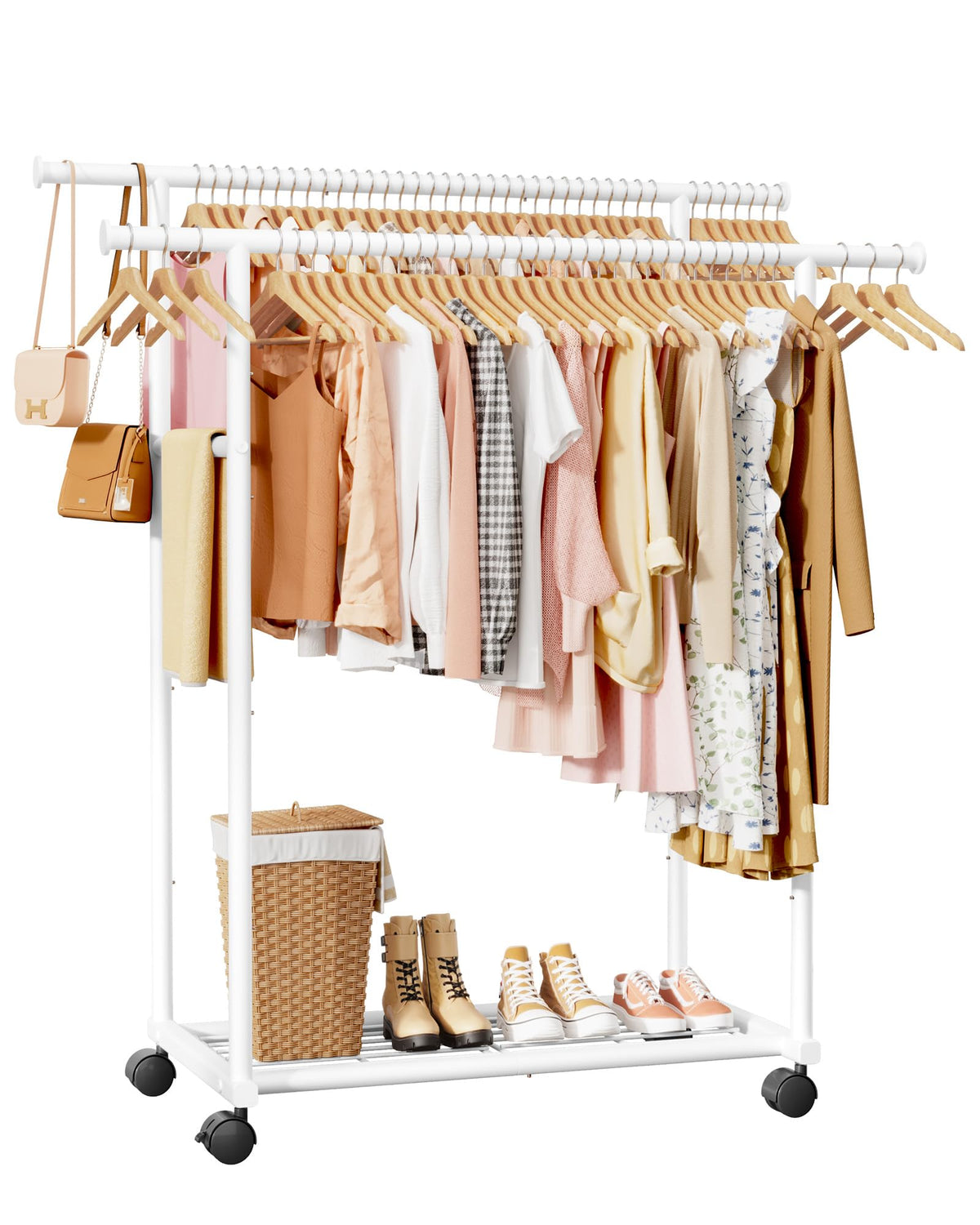 Sakugi Double Rods Clothes Rack - Metal Clothing Rack with Fixed Double Rods, Rolling Wheels & Built-In Shelf for Closet, Bedroom, Laundry Storage (39" x 17" x 60", Black)