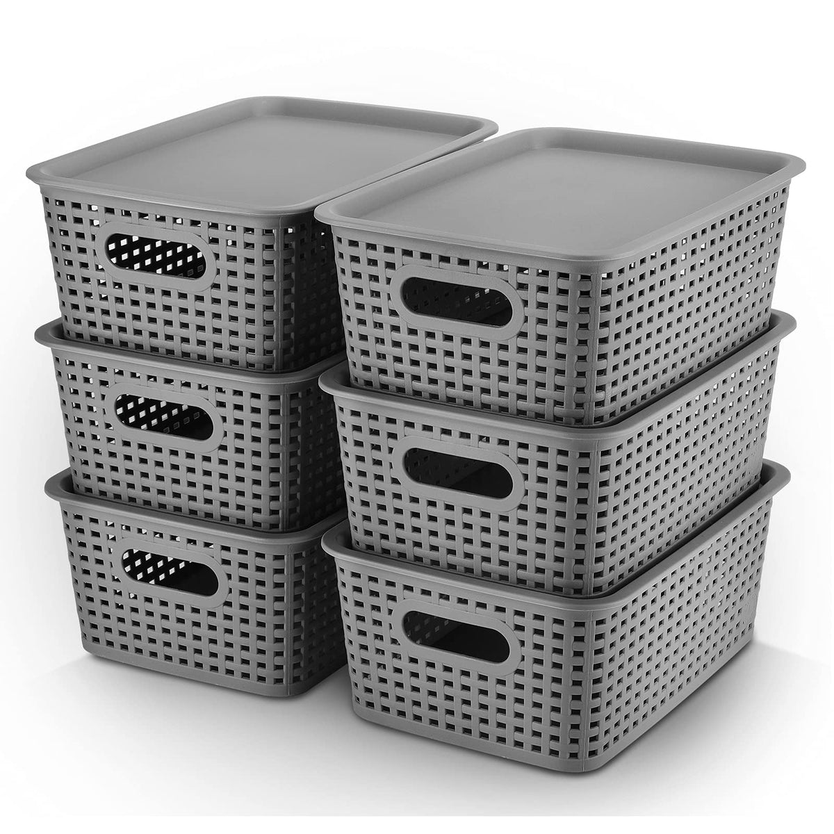 AREYZIN Plastic Storage Baskets -6 Pack, Storage Bins with Lid Organizing Container Lidded Knit Storage Organizer Bins for Shelves Drawers Desktop Closet Playroom Classroom Office,Gray