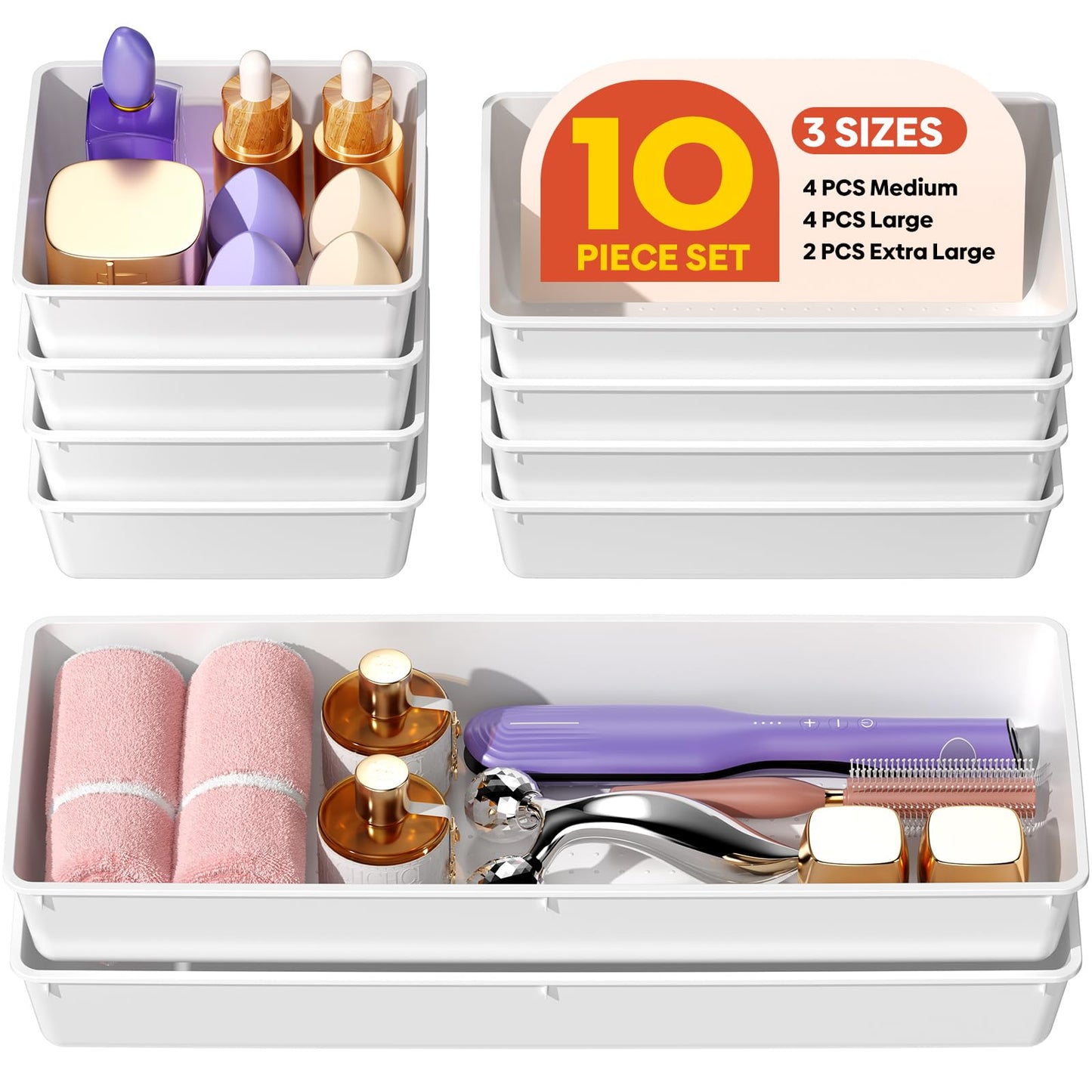 10 Pack Large Size Plastic Drawer Organizers Set, 3 Sizes Desk Drawer Organizer Trays, Storage Bins for Vanity, Makeup, Bathroom, Kitchen Utensils and Office (Black)