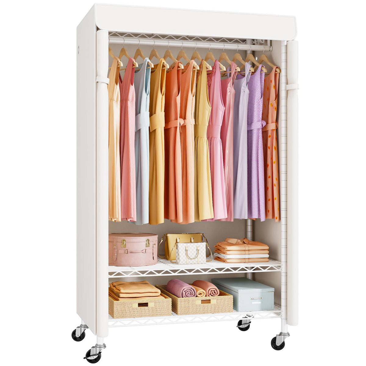 ULIFHOME P6C Plus Rolling Clothes Rack with Cover, Covered Clothing Rack