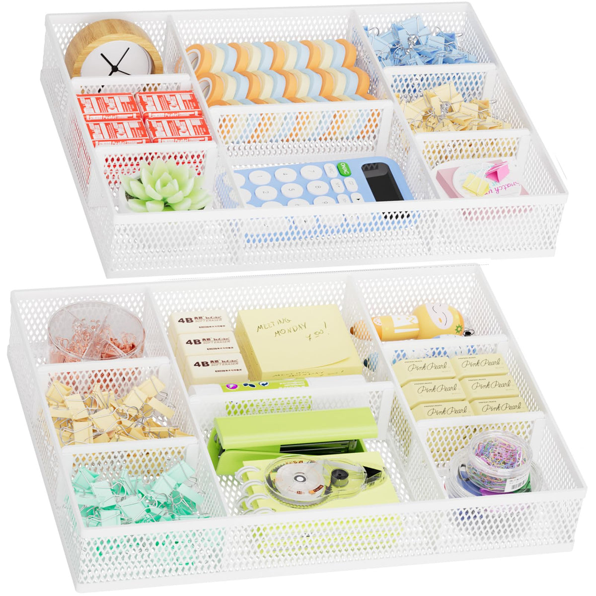 Marbrasse 2 Pack Desk Drawer Organizer, Mesh Drawer Organizer Tray with 8 Adjustable Compartments, Desk Organizers and Accessories, 5 Dividers Drawer for Office Supplies, Makeup & Vanity (Black)