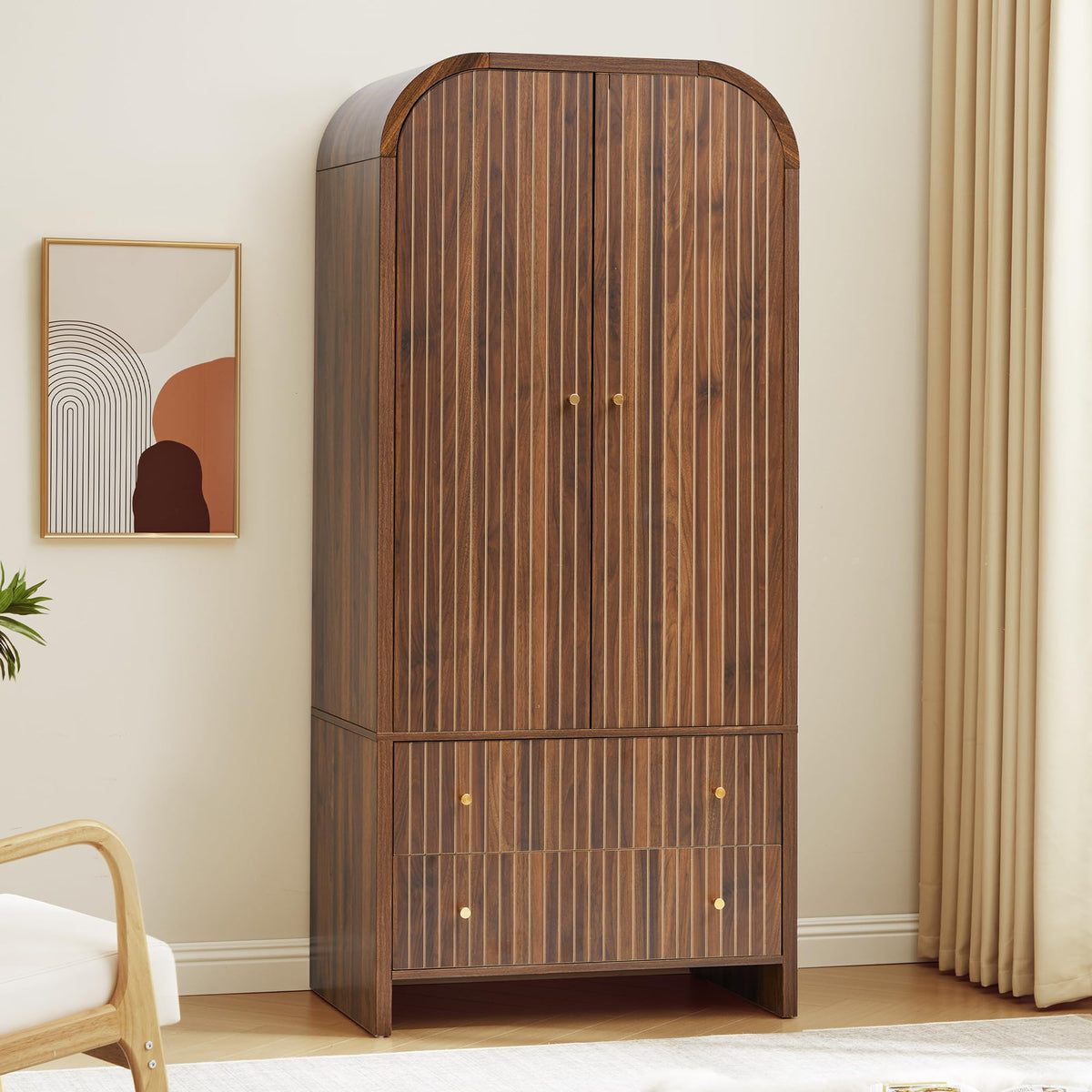 LEVNARY Arched Armoire Wardrobe Closet, Mid-Century Modern 2-Door Freestanding Wardrobe with Hanging Rod and 2 Drawers, Fluted Carved Clothing Storage Cabinet for Bedroom (Natural)