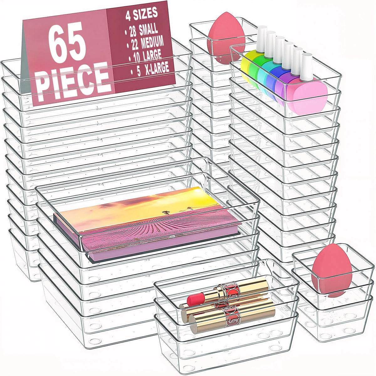 Manalete 15 Pcs Clear Plastic Drawer Organizer, Makeup & Vanity Organizer