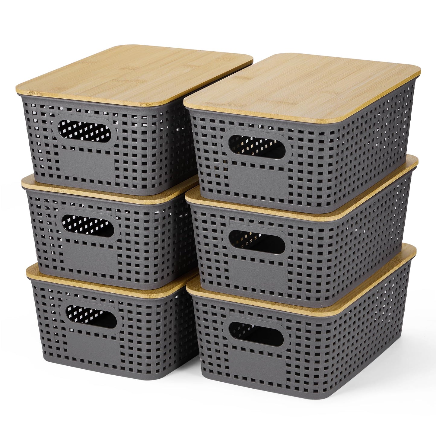 Ohmlove 6 Pack Plastic Storage Baskets with Bamboo Lids for Organization