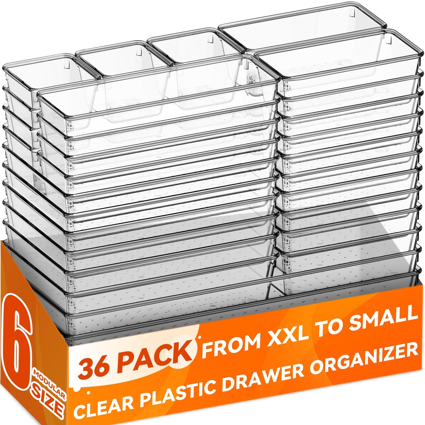 Criusia Large Drawer Organizer Bins 26 Pack | Complete 5 Size Clear Plastic Kitchen Drawer Organizers for Utensils | Bathroom Drawer Organizer Trays | Versatile for Makeup Office Organization