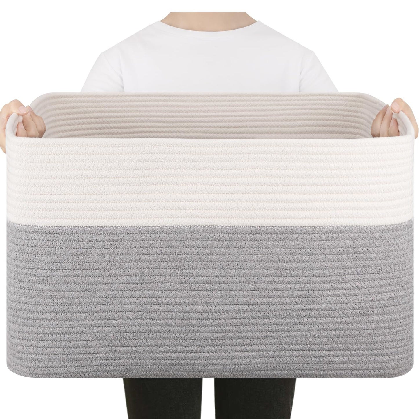 75L Large Cotton Rope Basket, Soft Toy Storage Bin for Nursery & Living Room, Decorative Blanket Basket for Bedroom, Baby-Safe Organizer for Pillows &Laundry, 22''×17''×12'', Brown and White