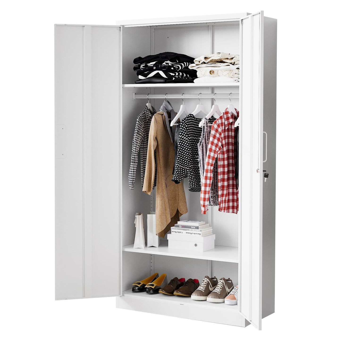 BYNSOE 71" Tall Metal Wardrobe Closet with 2 Drawers, Steel Armoire Cabinet with Hanging Rod and Adjustable Shelves, Freestanding Clothes Storage Organizer for Bedroom Office Furniture