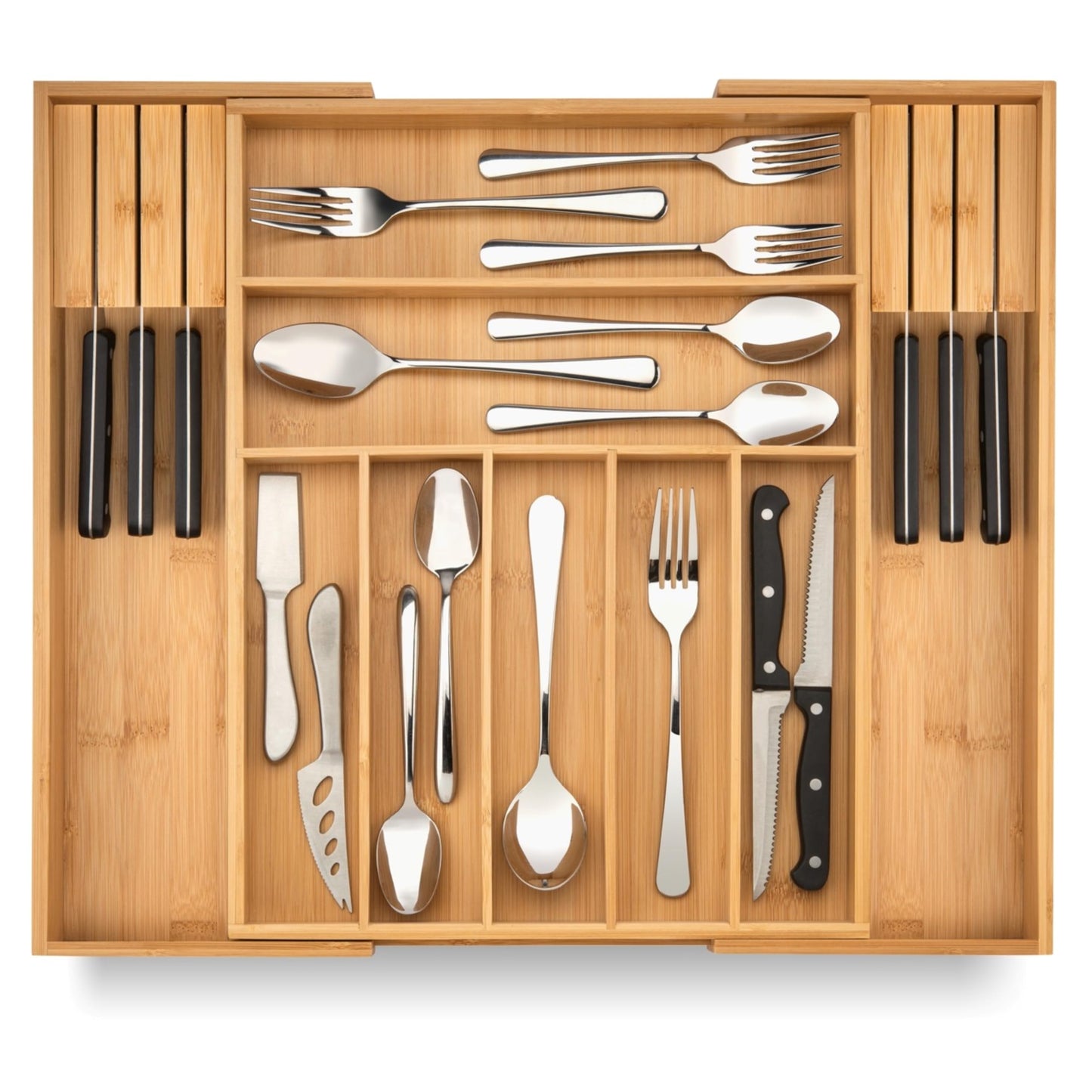 Purawood Kitchen Drawer Organizer - Expandable Utensil Drawer Organizer for Kitchen, Cutlery Tray & Silverware Organizer, 3-5 Slots - Bamboo Organizer for Utensils & Flatware (Natural)