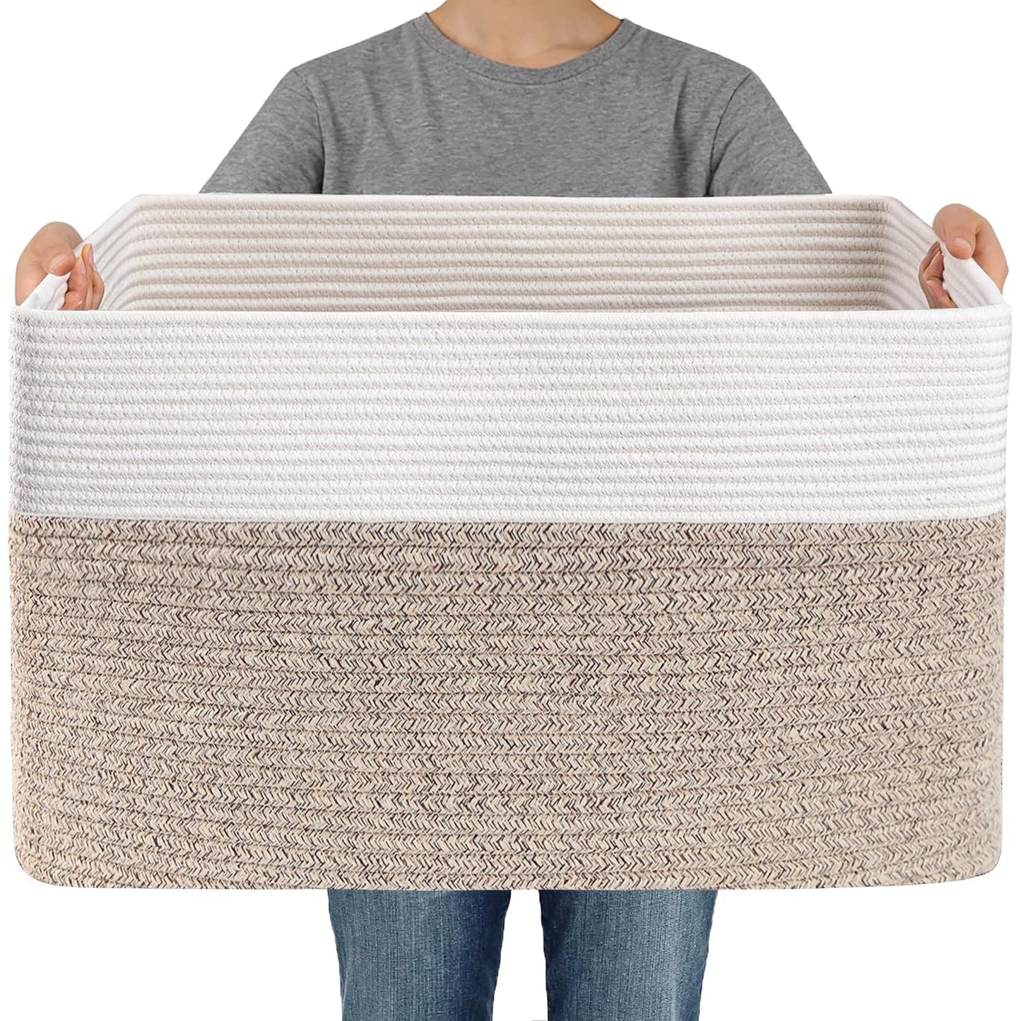 JMvicyroam 65L Large Woven Cotton Rope Blanket Basket, Oatmeal