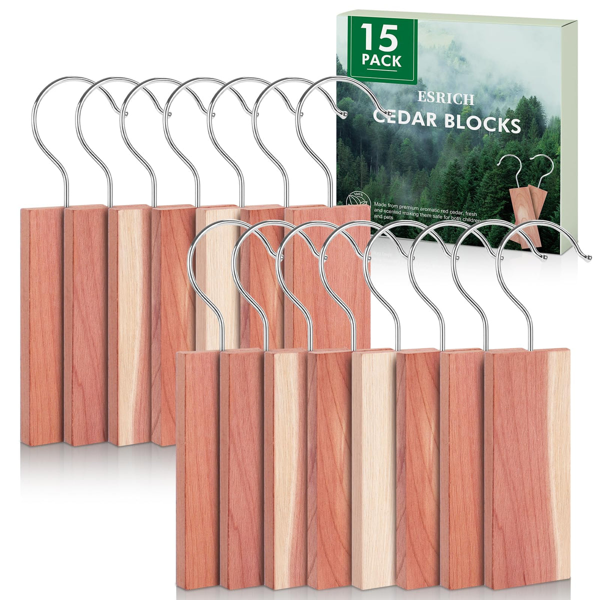ESRICH Cedar Blocks for Clothes Storage, 15Pack with Metal Hooks