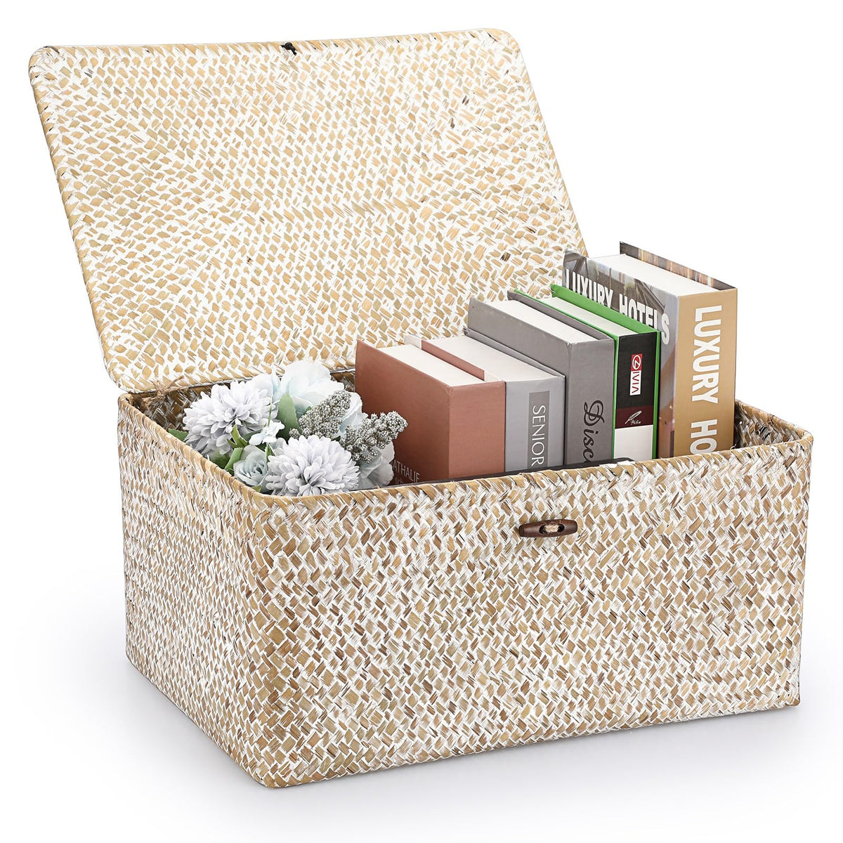 Hipiwe Wicker Shelf Baskets Bin with Lid Large Handwoven Basket Box, Coffee