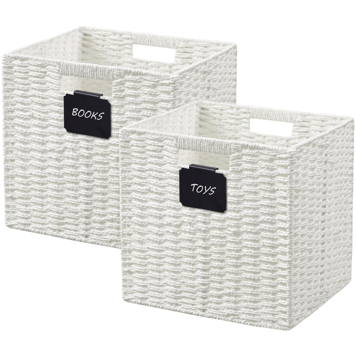 UBBCARE 2 Pack Wicker Basket, 10.5×10.5 Storage Cubes with Label, Foldable Cube Storage Bin with Handle, Square Storage Basket for Shelves, Woven Paper Rope Basket for Organizing, Green