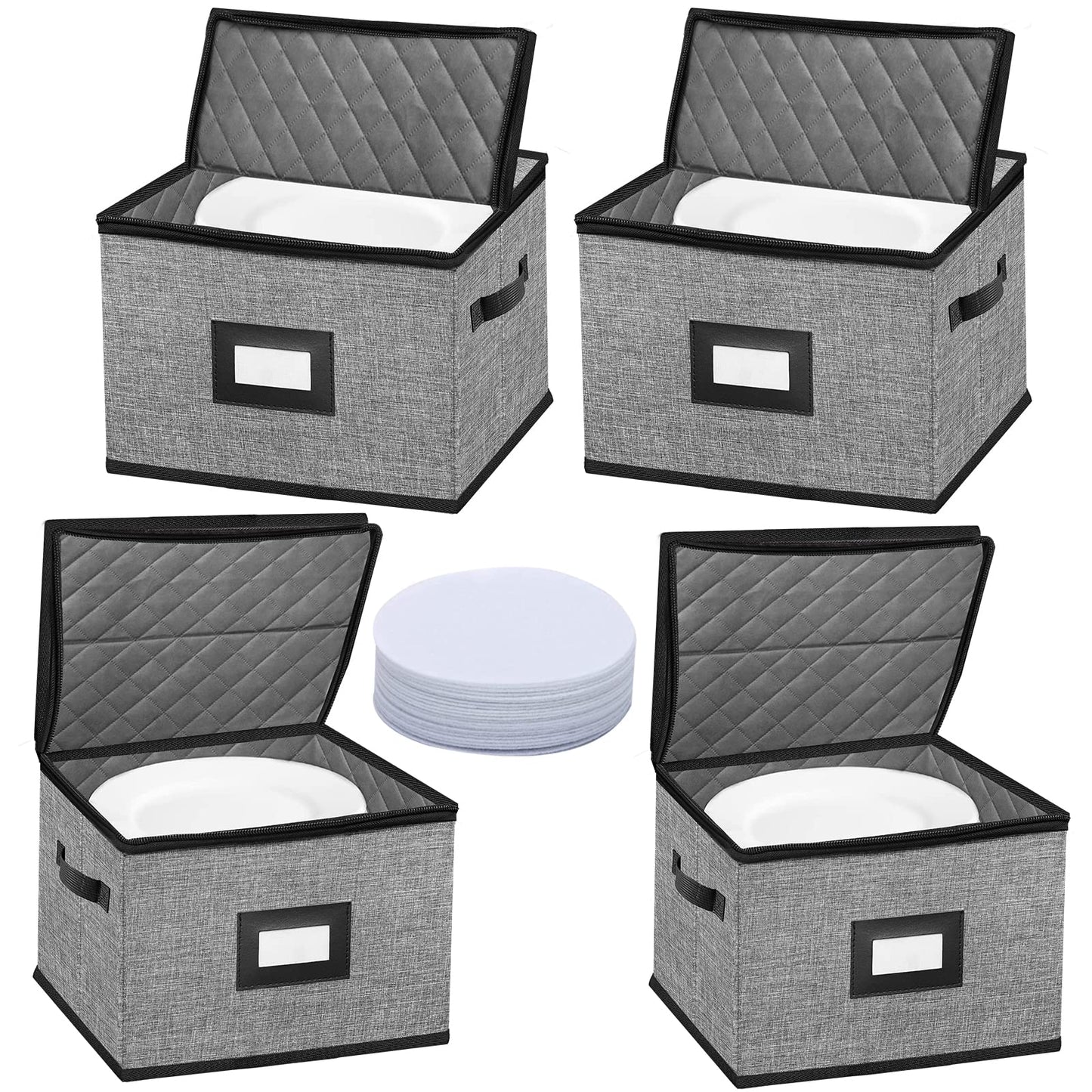 China Storage Containers-Quilted Dish Storage Containers with Lid Hard Shell for Moving Transport, Dinnerware Storage,Stackable Plate Storage,24 Felt Plate Dividers Included,2PACK 12*12*8in