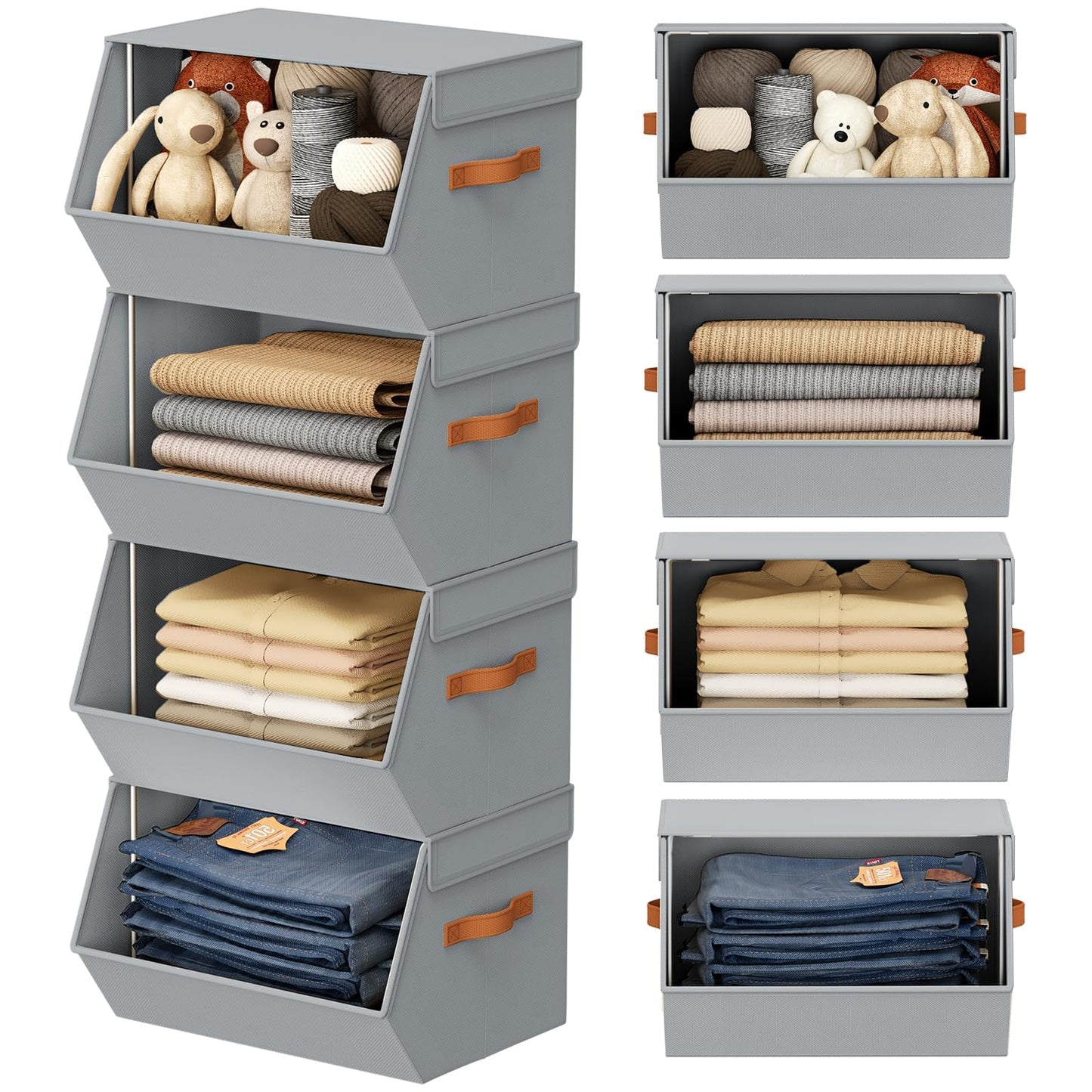 Stackable Closet Organizers and Storage Bins, Open Front Closet Shelf Organizer System With Steel Frame, Clothes Storage Basket Fabric, Collapsible Closet Drawers for Wardrobe, Nursery ,Toy, 4 Pack
