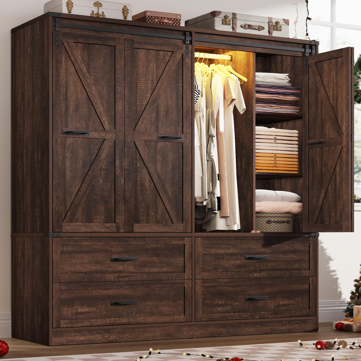 Farmhouse 4 Doors Armoire Wardrobe Closet w/Folding Sliding Barn Door and Lights, LED Armoire Closet w/Drawers for Bedroom, Freestanding Wooden Wardrobe Storage Closets w/Hanging Rod,Antique White