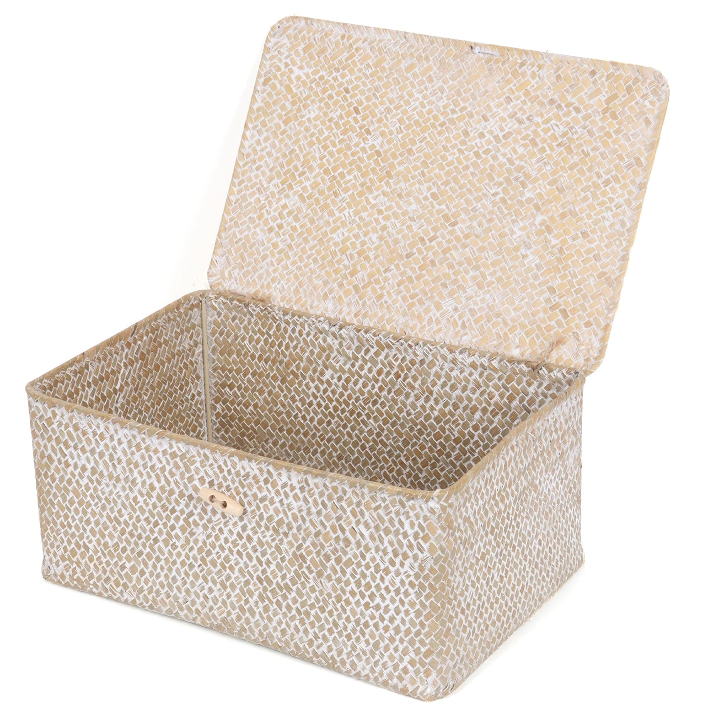 FEIALNDUO Wicker Shelf Baskets with Lid,Seagrass Storage Basket Bins Rectangular Handwoven Basket Boxes for Shelves Desktop Home Organizer (Coffee, X-Small)