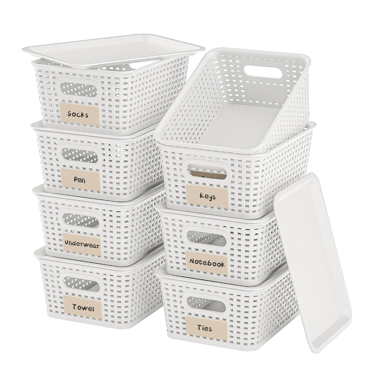 6 Pack Plastic Storage Baskets with Lid,White Stackable Bins