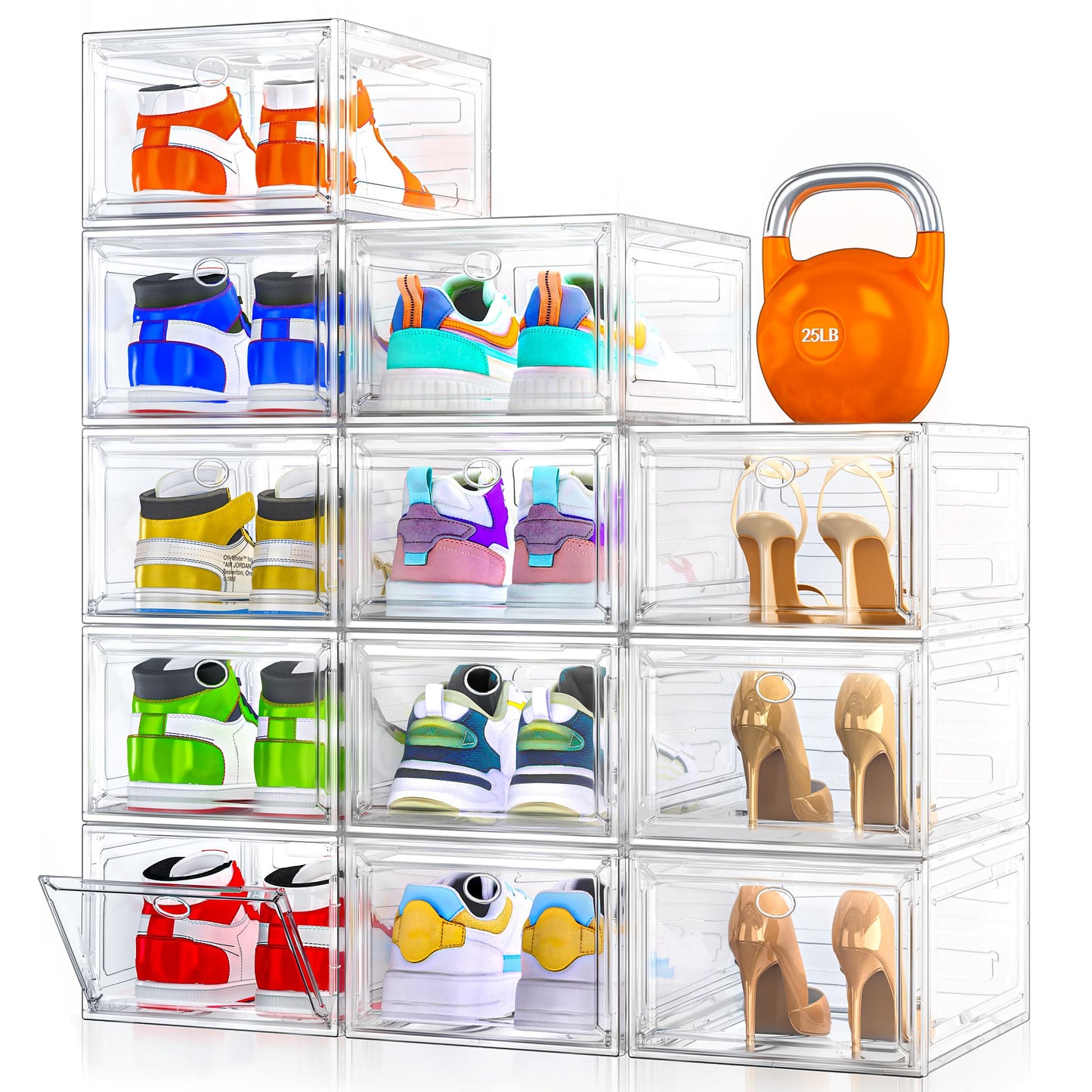 Sturdy Clear Shoe Organizer with Magnetic Door, Stackable Shoe Storage Box