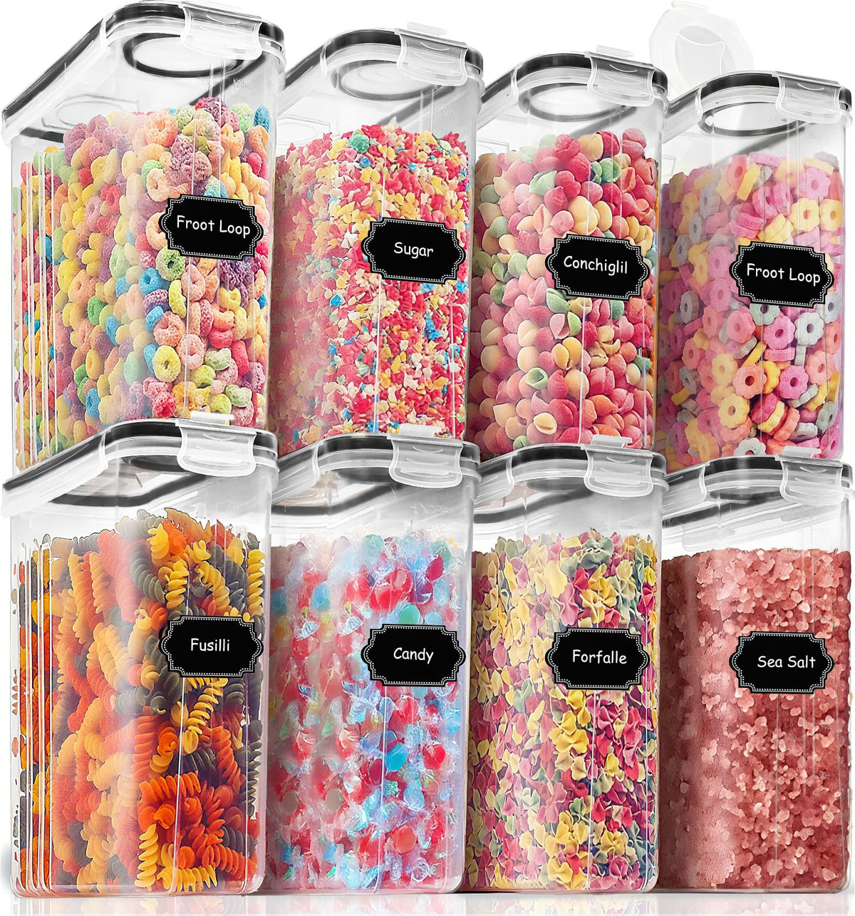 PRAKI Large Dry Food Storage Containers with Lids, 6PCS Airtight Cereal Containers Storage Set, Leak-proof Canister Set for Kitchen Pantry Organization with 20 Labels & Marker (4L Black)