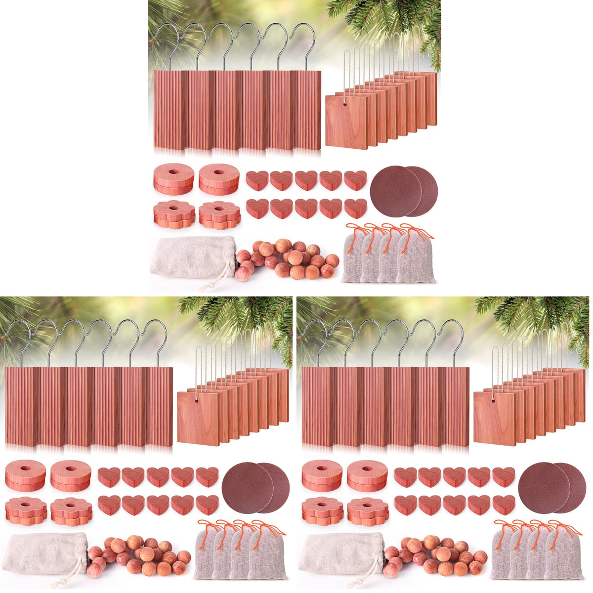 Woodever Cedar Blocks for Clothes Storage 56 Pcs, 100% Aromatic Planks with Metal Hooks, Cedar Wood Chips and Balls for Closets and Drawers, Fresh Scented Sachets
