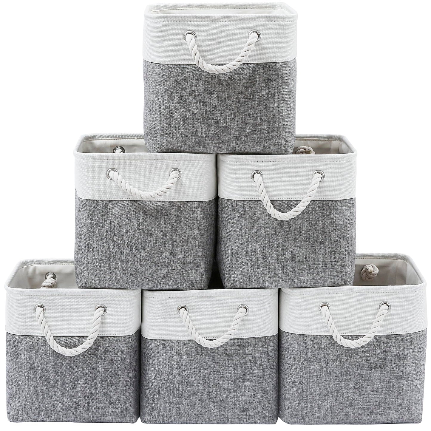 MidmmVick 13 x 13 Inch Cube Storage Bins, 6 Pack Extra Large Collapsible Fabric Storage Bin with Ropes, Foldable Storage Cubes for Home (White & Beige-13"x13"x13")