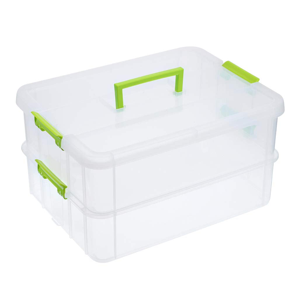 JUXYES 2-Tiers Plastic Stack Carry Storage Containers Box wih Handle Lids