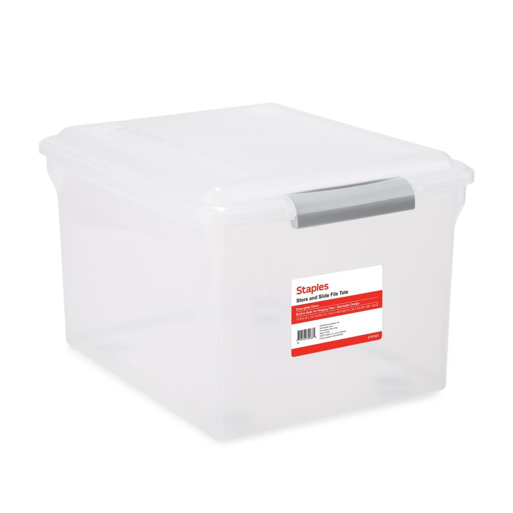 Staples Hanging File Folder Box, Storage Bin Organizer, Snap Lid, Clear