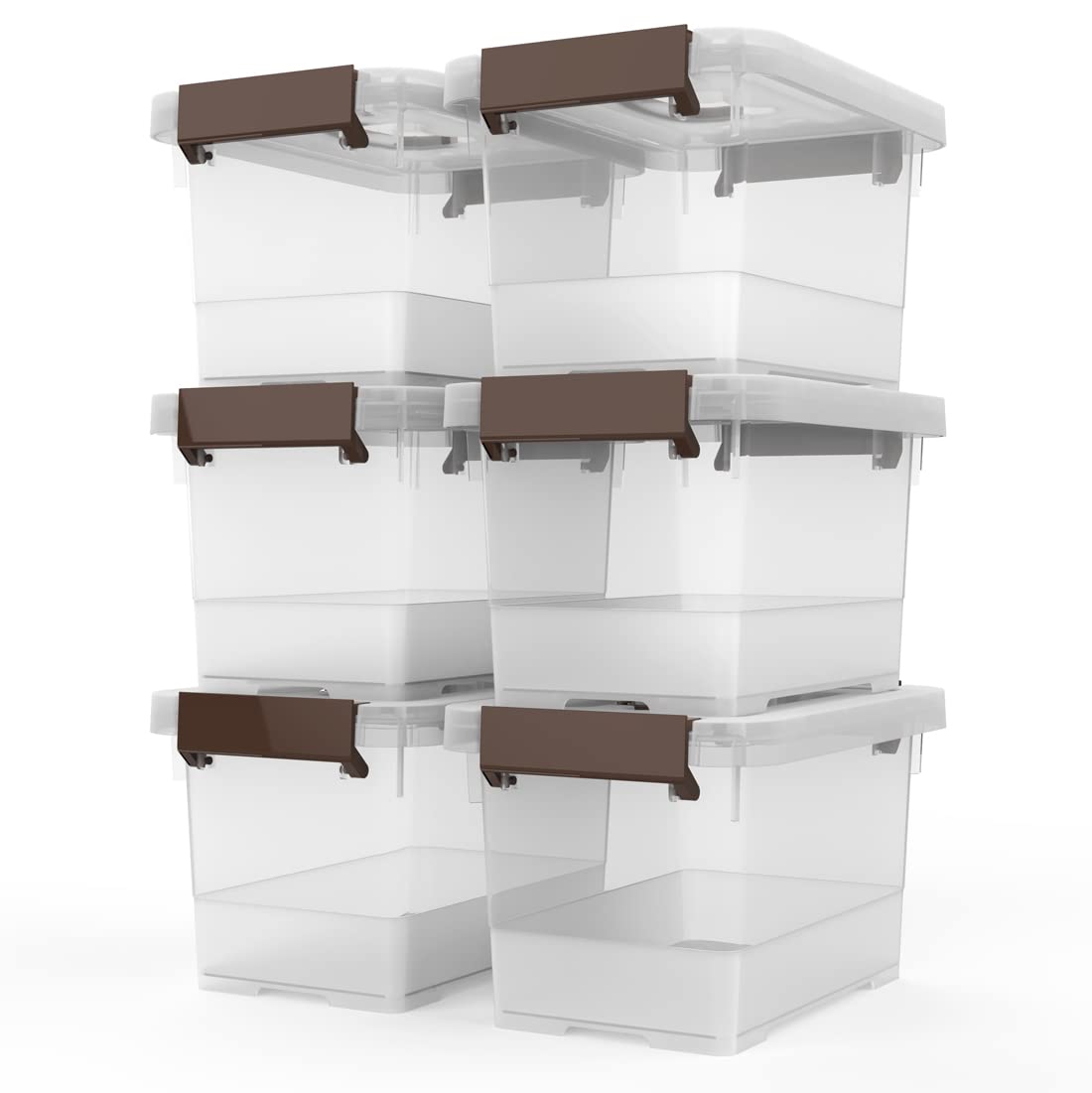 WYT 6-Pack Clear 7 Quart Storage Latch Box/Bins, Plastic Stackable Latching Box with Brown Handle and Lid, Multi-Purpose, 7 Litre