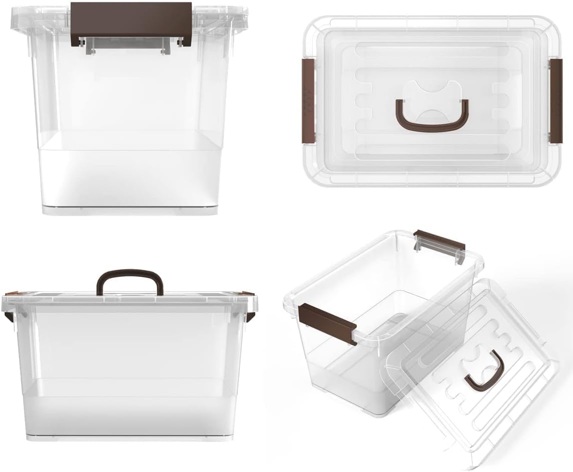WYT 6-Pack Clear 7 Quart Storage Latch Box/Bins, Plastic Stackable Latching Box with Brown Handle and Lid, Multi-Purpose, 7 Litre