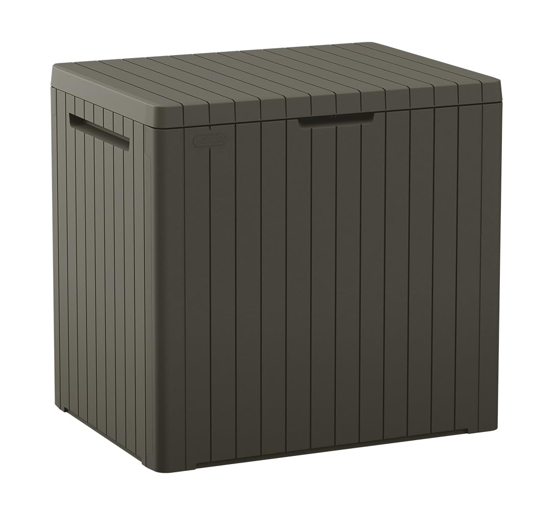 Keter City 30 Gallon Resin Outdoor Storage Box and Patio Furniture Side Table for Pool and Garden Accessories, Brown