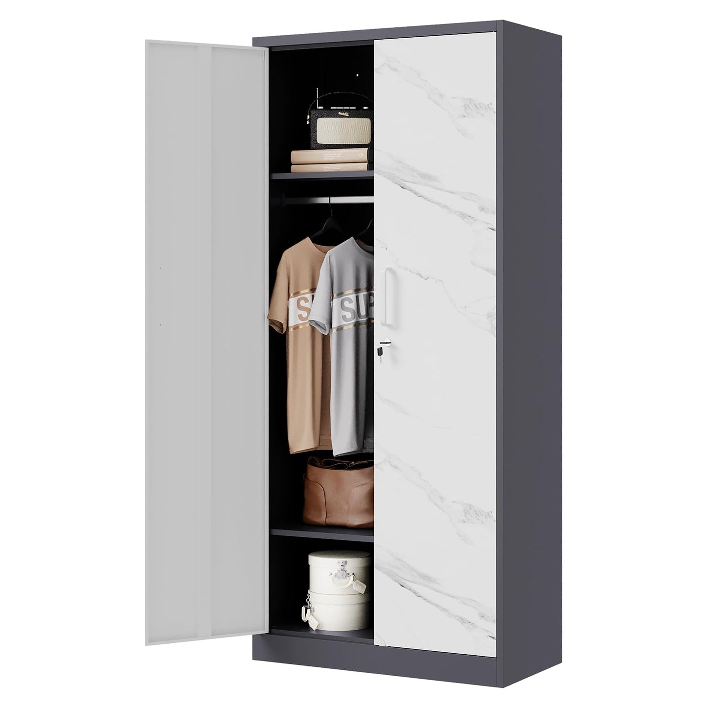 Letaya Metal Armoire Wardrobe Closet with Drawers,Clothing Storage Cabinet with Doors and Shelves,Coat Closet with Hanging Rod,Bedroom,Home,Cloak Room,White-71 H x 32" W x 18" D