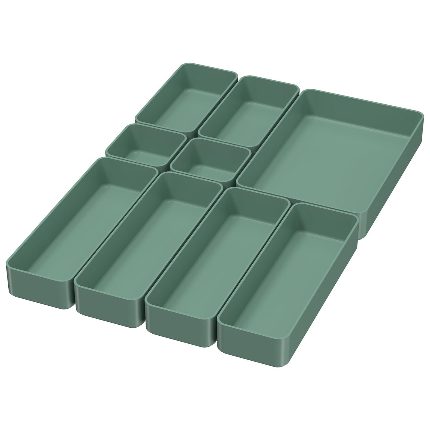 CHANCETSUI 9 Pcs Stackable Drawer Organizer Trays Set, Green, Multifunctional Storage for Vanity, Bathroom, Kitchen, Desk Drawer Organizer Office, PET Plastic