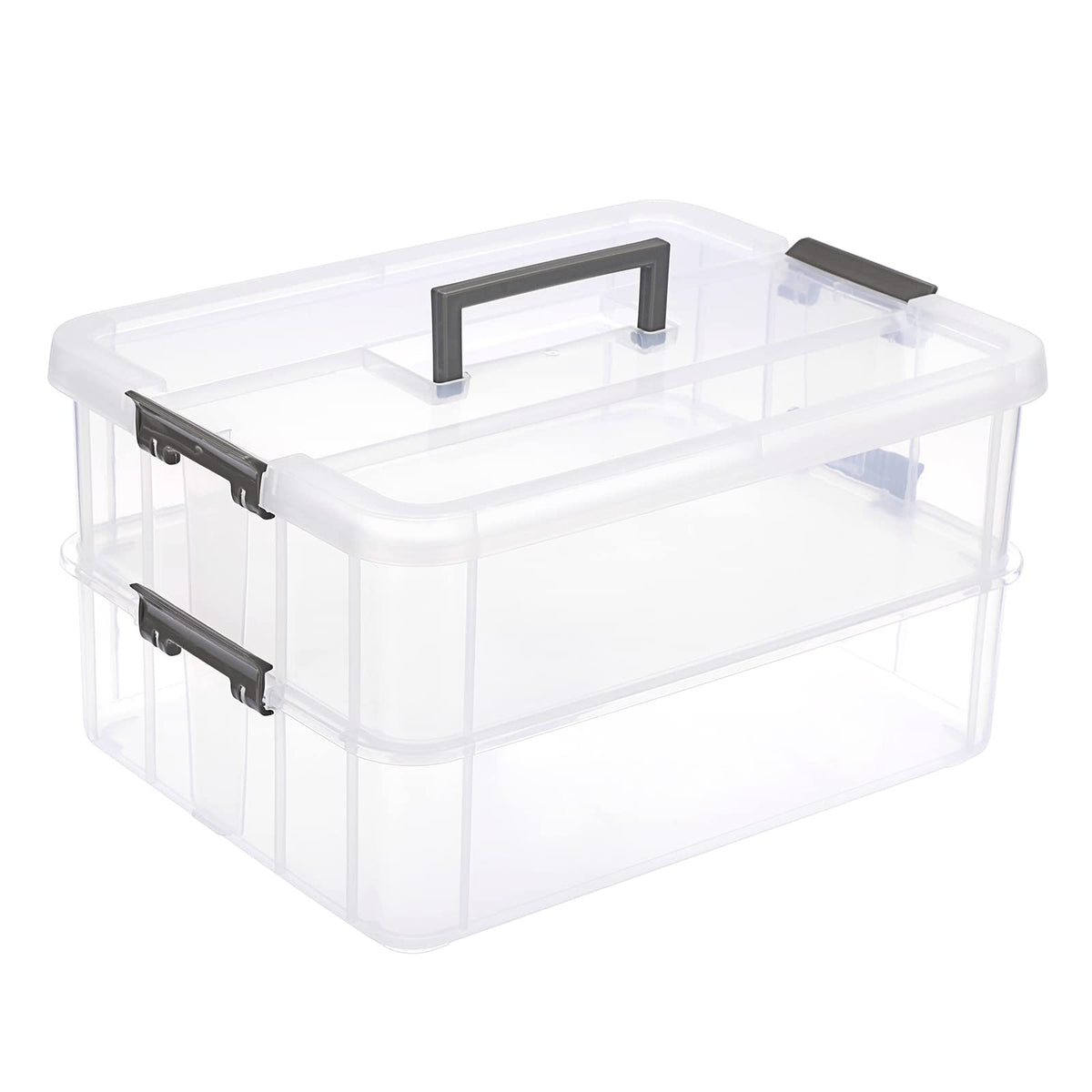 JUXYES 2-Tiers Plastic Stack Carry Storage Containers Box wih Handle Lids