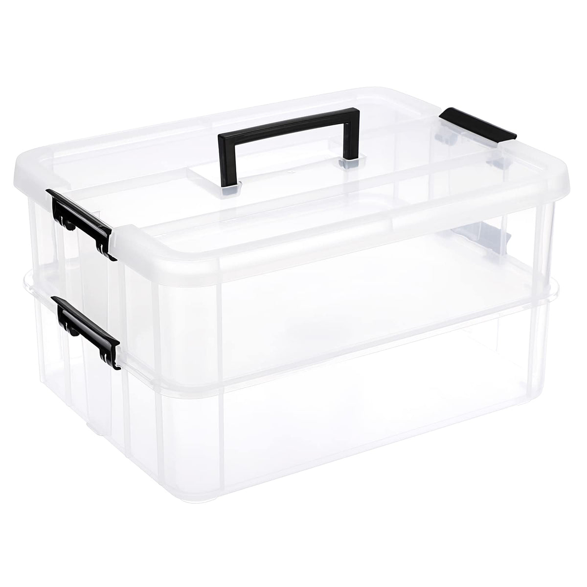 JUXYES 2-Tiers Plastic Stack Carry Storage Containers Box wih Handle Lids