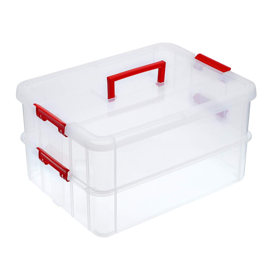 JUXYES 2-Tiers Plastic Stack Carry Storage Containers Box wih Handle Lids