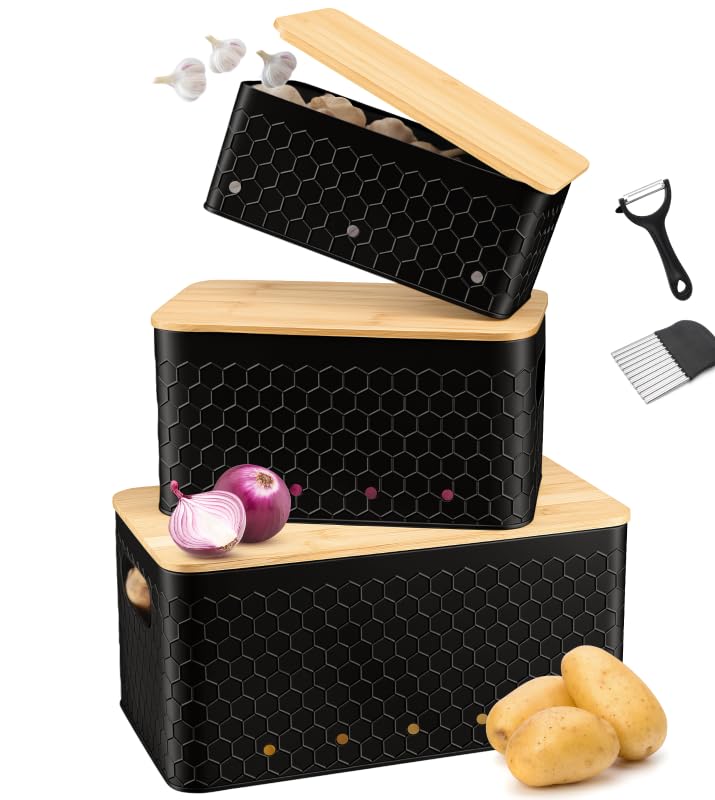 Kitchen Vegetable Storage Set of 3, Metal Onion Garlic Potato Storage Set, Kitchen Canisters Vegetable Keeper Containers with Aerating Holes and Bamboo Lid,Black