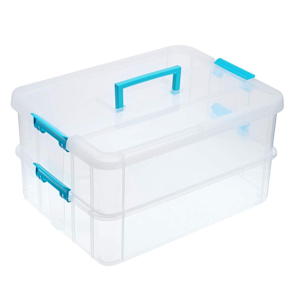 JUXYES 2-Tiers Plastic Stack Carry Storage Containers Box wih Handle Lids