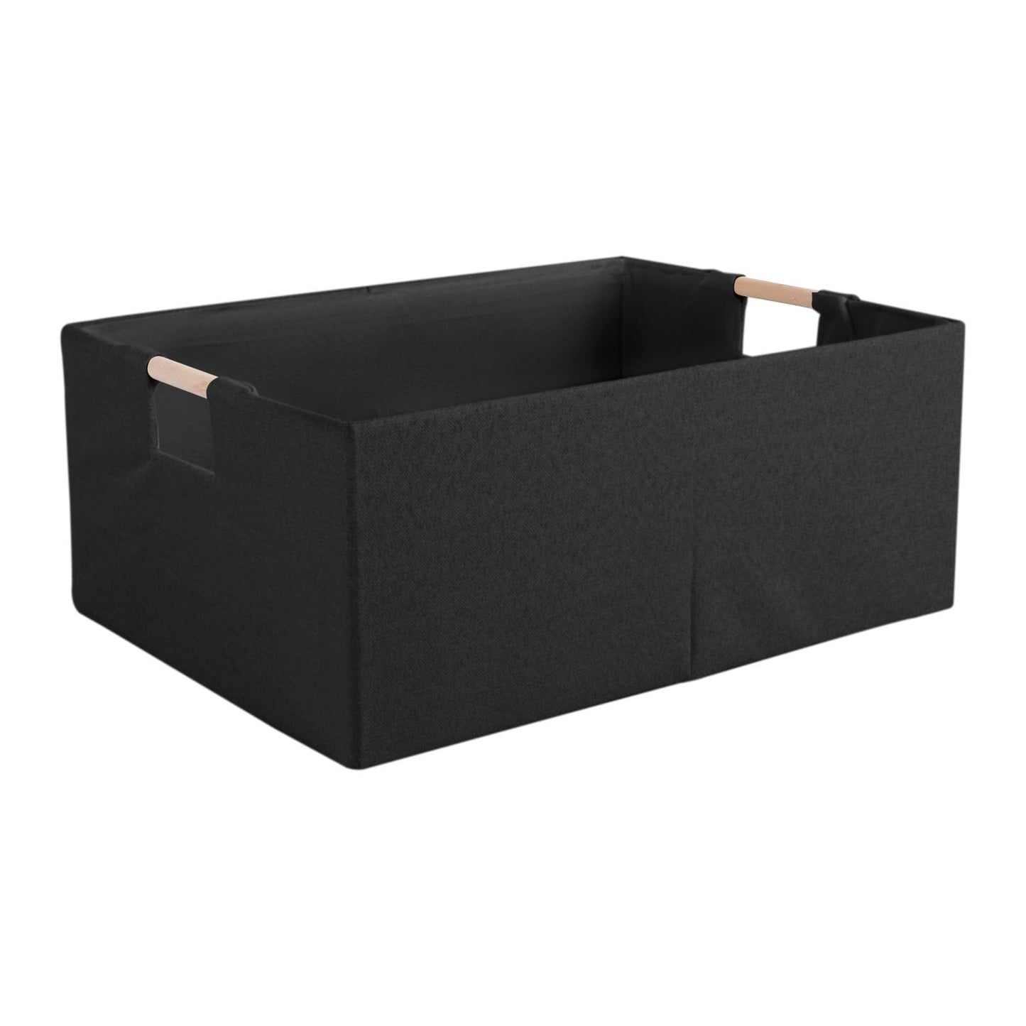 Fabric Storage Bin Box Foldable Cotton Linen Storage Basket with Wooden Handles Rectangular Cube Decorative Home Laundry Organizer Clothes Blanket Container – Beige, Medium