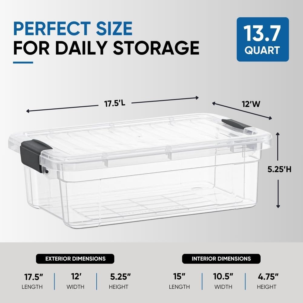 Superio 13.7 Quart Clear Plastic Storage Bin with Lid, Stackable Organizer Box, BPA-Free Storage Container for Home, Garage, School & Office, 1 Pack